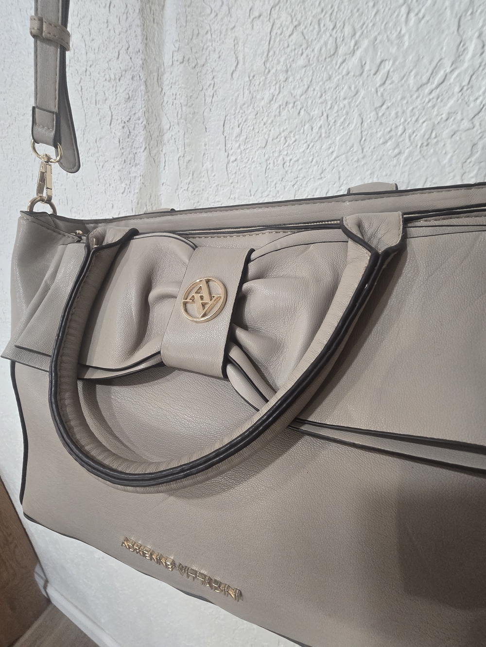 Adrienne Vittadini Leather Taupe Bow-Accent Shoulder Handbag with Gold Trim